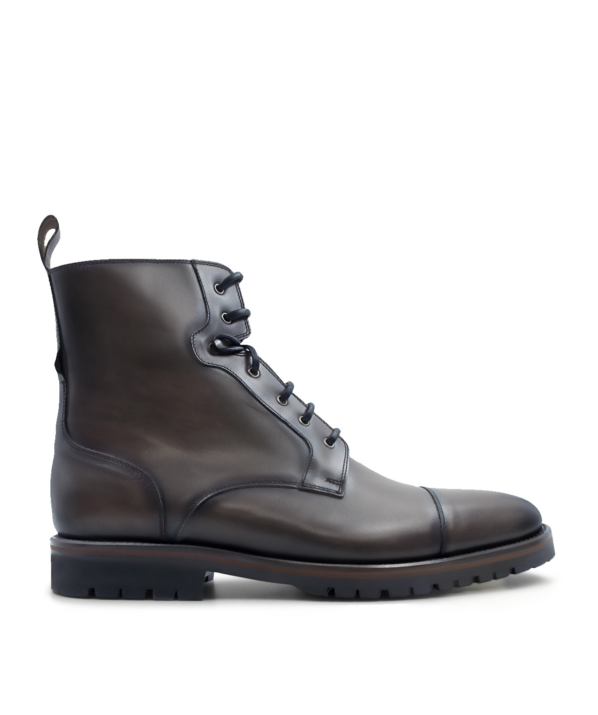 POWELL Grey patinated leather boots for men.